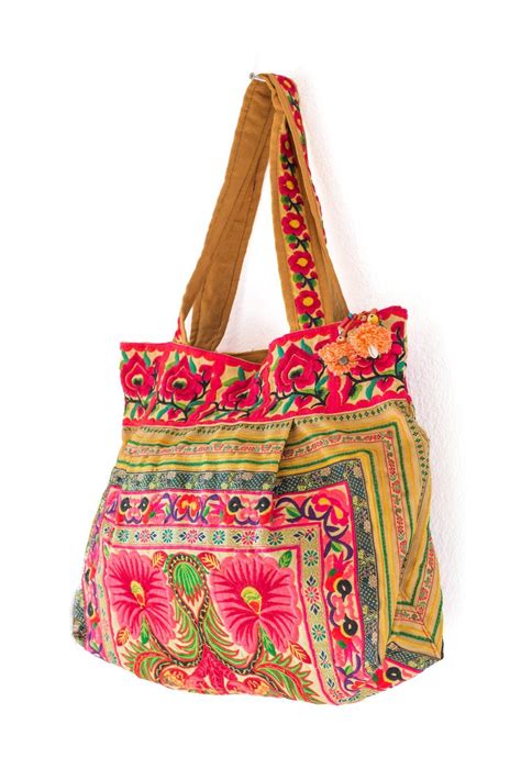 Changnoi Orange Flowers Hmong Tote Bag Hill Tribe Embroidered Fabric ...