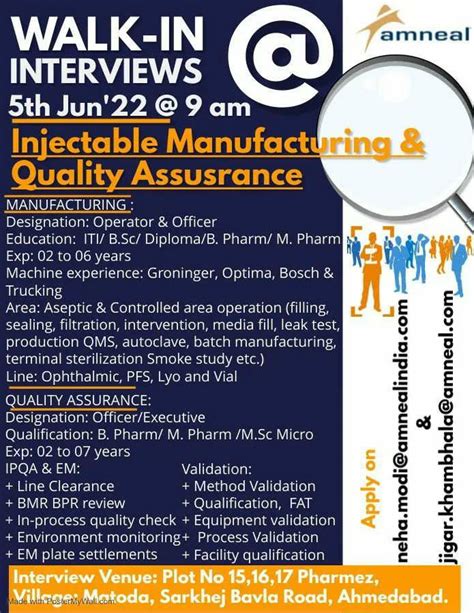 Amneal Pharmaceuticals Walk In Interview For Manufacturing Qa On 5th