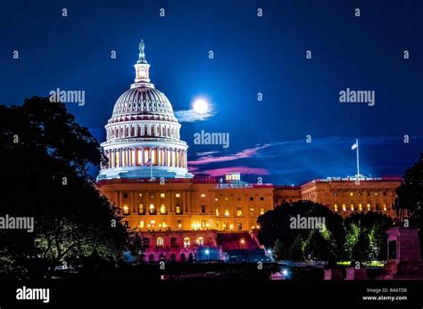 Front View Of The Unites States Capital Building Dome Illuminated At