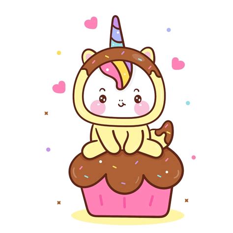 Cute Unicorn Cartoon Little Pony On Sweet Cupcake Premium Vector
