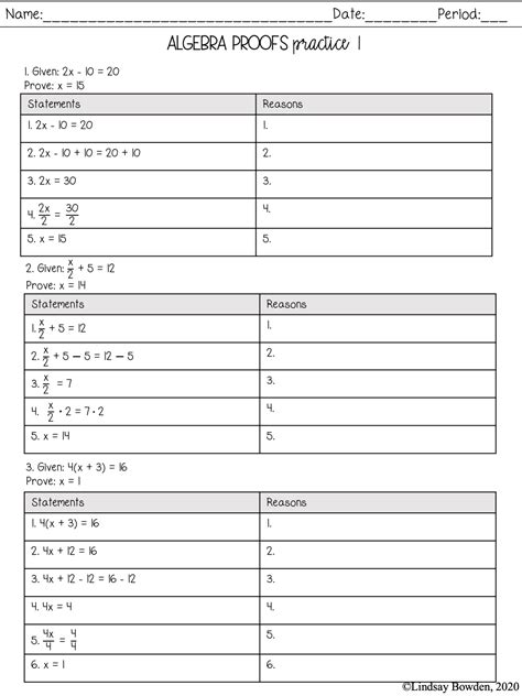 Worksheet Algebraic Proof
