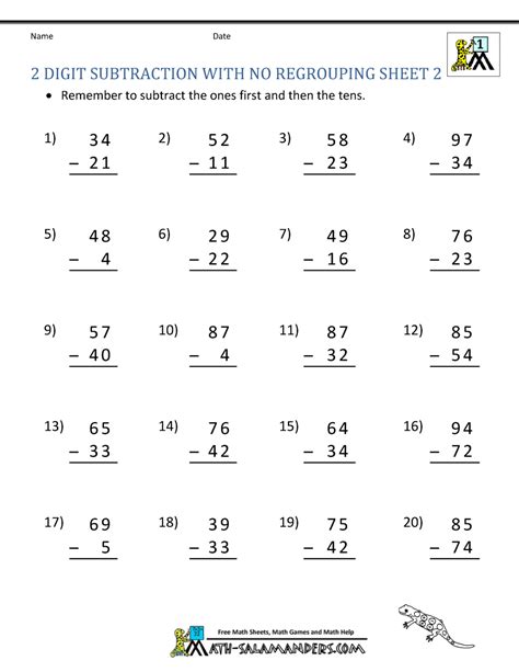 Make sure to put it directly beneath the digits we just added, to the left of the 9. Two Digit Subtraction Without Regrouping