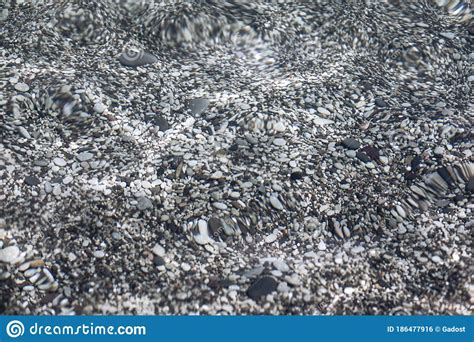 Transparent Clear Calm Water Surface With Small Grey Pebbles Sea Bottom