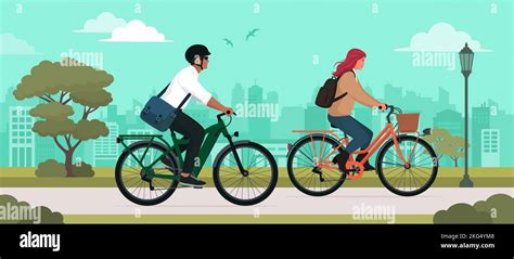 Couple Riding Bicycles At The City Park Sport And Leisure Concept Stock Vector Image And Art Alamy