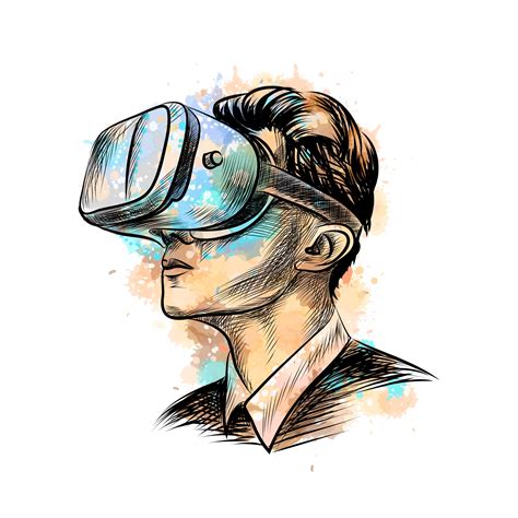 Hombre Vestido Con Casco De Realidad Virtual De Un Toque De Acuarela