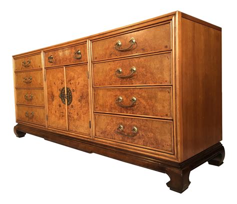 Asian Chinoiserie Burlwood 12-Drawer Dresser by American of Martinsville | Chairish