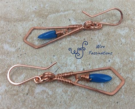 Handmade Copper Earrings Framed Wire Wrapped Dangling Blue Glass