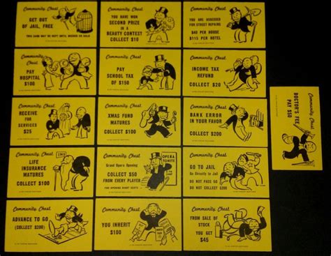 Probability playing cards are orange and are positioned close to the go area. MONOPOLY Game COMMUNITY CHEST Cards Set of 16 ©1935 Parker ...