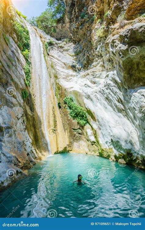 Beautiful Waterfall Near Nidri On The Island Of Lefkada In Greece