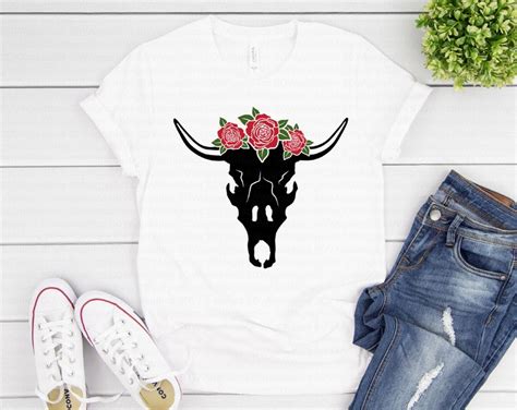 Cow Skull With Flowers Svg Cow Skull With Roses Svg Cow Etsy