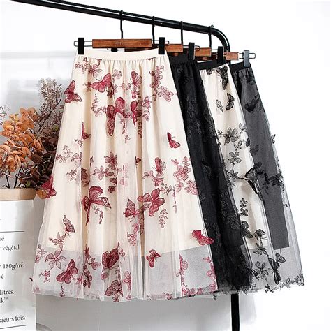 Woman Skirts Elegant Vintage Butterfly Embroidered A Line Mesh Midi