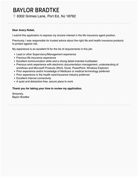 Life Insurance Agent Cover Letter | Velvet Jobs