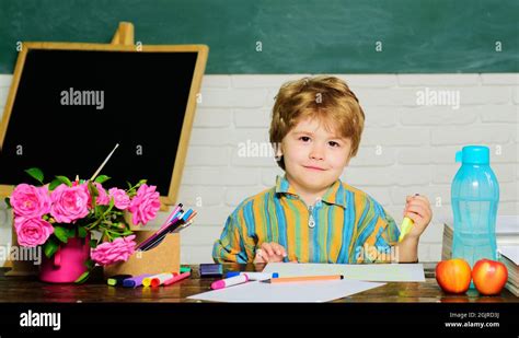 Garçon Décole En Classe Un Petit Enfant écrit Avec Des Crayons