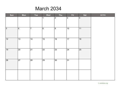 March 2034 Calendar With Notes