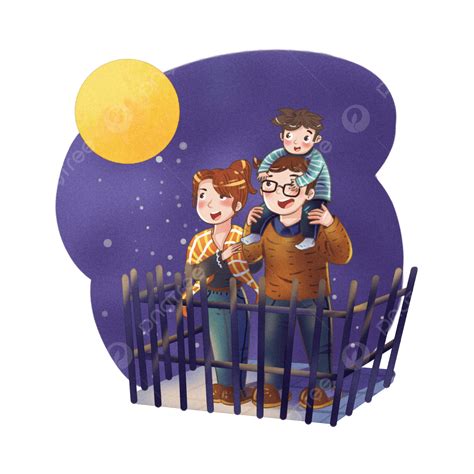 추석 온 가족 이 함께 베란다 에서 달 을 감상 하 는 장면 만화 일러스트 요소 한가을 축제 8 월 15 일 가족 Png