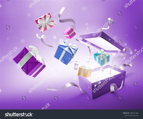 Ribbons Bursting Out From Purple Color Open T Box Over 1 Royalty
