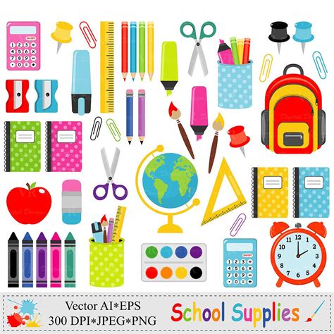 School Supplies Clip Art Back To School Graphics Stationery Education Teacher Vector Clipart