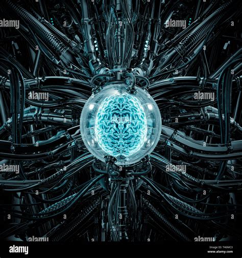 the brain pod 3d illustration of science fiction scene showing glowing human brain inside