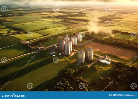 Aerial View Of Grain Elevators With Surrounding Farmland Stock Photo