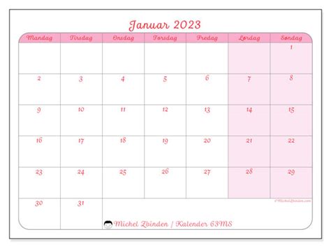 Kalender For Januar 2023 For Utskrift “63ms” Michel Zbinden No