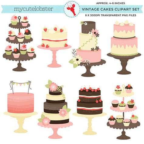 Classic Vintage Cakes Clipart Set Clip Art Rustic Cake Wedding