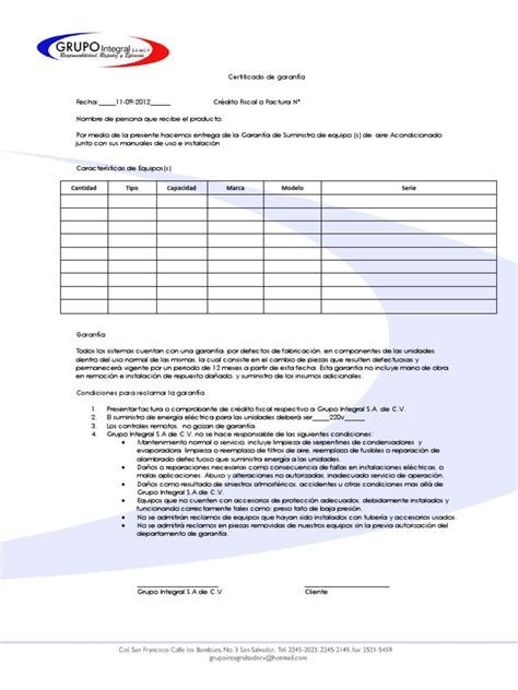 Carta De Garantia De Equipo De Aire Acondicionado