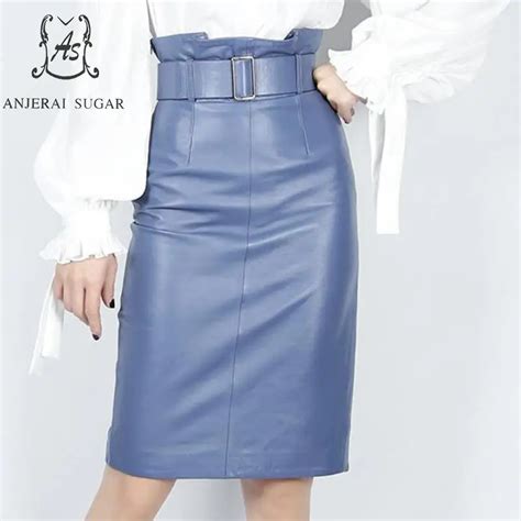 Spring Genuine Leather Skirts Women Blue Purple Sexy Fold High Waist Sashes Ol Split Package Hip