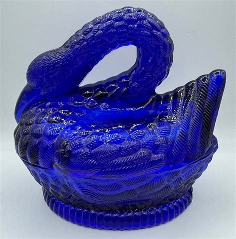 Heisey Cobalt Blue Glass Swan Lidded Candy Dish Jewelry Dish Etsy