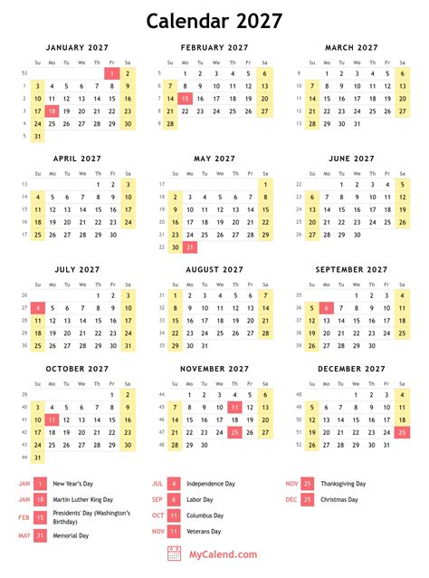 2027 Calendar With Holidays Free Printable Calendar