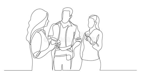 Three Coworkers Chatting Drinking Coffee One Line Drawing Stock