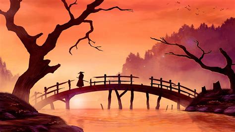 Samurai Bridge Painting Art Sunset River Landscape Branch Tree