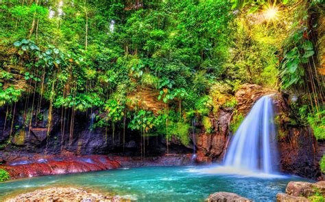 Nature Landscape Waterfall With Turquoise Blue Water Rock
