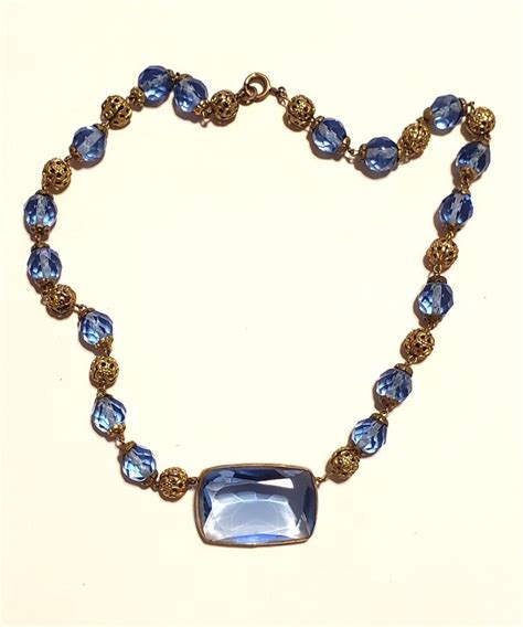 Art Deco Necklace Czech Glass Necklace Blue Glass Beads Etsy Czech