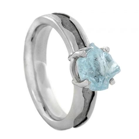 The aquamarine gemstone is the birthstone of march and the 19th anniversary stone. Rough Aquamarine Engagement Ring, Palladium Ring With Meteorite Inlay, Wave Ring #2463427 - Weddbook