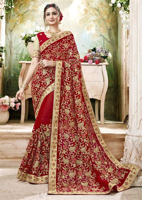 Red Faux Georgette Traditional Embroidered Indian Wedding Saree 7506