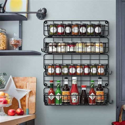 Prep And Savour Spice Rack Organizer Wall Mounted 4 Tier Foldable Black