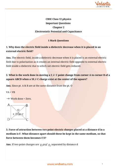 Important Questions For Cbse Class 12 Physics Chapter 2 Electrostatic