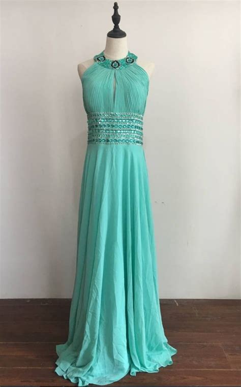 Cheap Stock Promotion Long Chiffon Prom Dresses Halter Neck Crystals