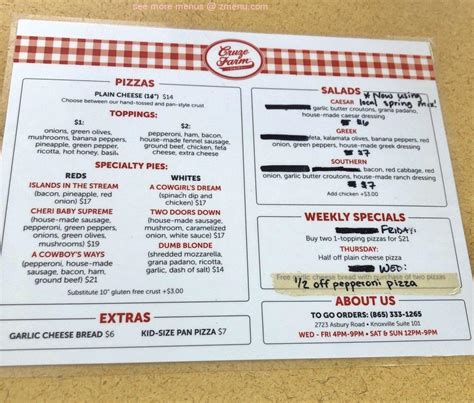 Menu At Cruze Farm Pizza Barn Knoxville Asbury Rd 101