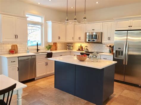 2018 modern navy blue high gloss small kitchen designs wholesale unfinished kitchen cabinets. Hale Navy island, Quartz counters, Chantilly Lace cabinets ...