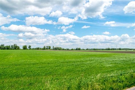Countryside View With Green Fields Blue Sky And White Clouds Stock