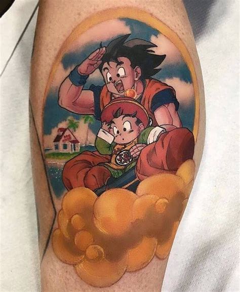 an image of a cartoon tattoo on someone s leg with the character gohan and son gohan