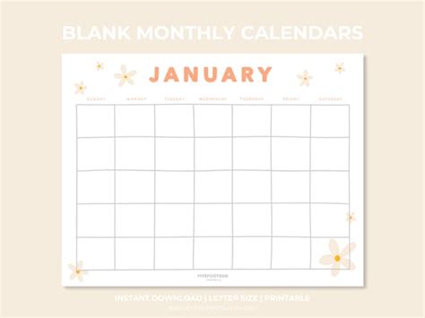 Hand Drawn Blank Monthly Calendars Printable Landscape Cute Etsy