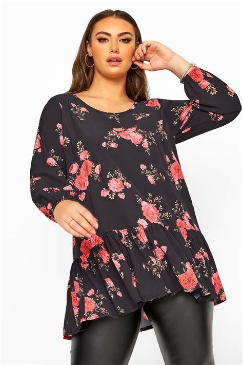Yours London Black Rose Floral Peplum Top Yours Clothing