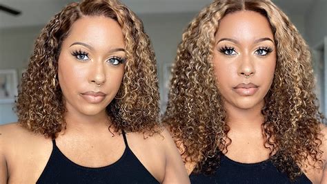 Ombre Honey Blonde Highlight Lace Front Curly Human Hair Wig Ft