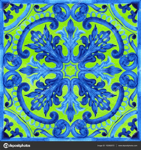 Portuguese Azulejo Tiles Watercolor Seamless Pattern — Stock Photo