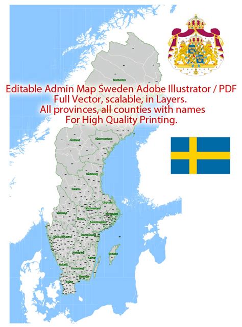 Sweden Map Admin Vector Illustrator Editable Pdf Provinces Counties
