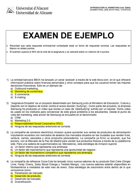 Ejemplo Examen Final 2021 IntroducciÓn Al Marketing Cód 22002 Examen Final 40 Nota Final