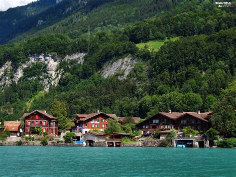 Mountains Lake Switzerland Houses Beautiful Views