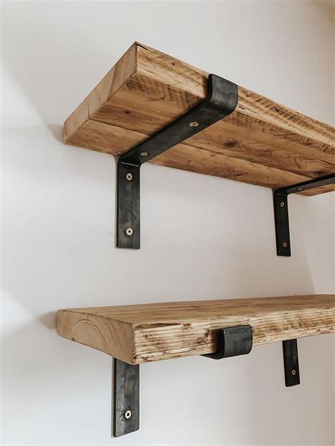 Rustic Style Solid Wood Shelf With Raw Steel Brackets Etsy Uk